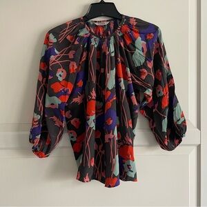 Tucker smocked neck floral long sleeve blouse top brown 22789